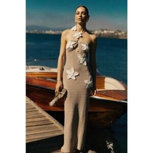 New Meshki Kyla Crochet Maxi Dress Knit Tan XL Mermaid Boho Natural Beach